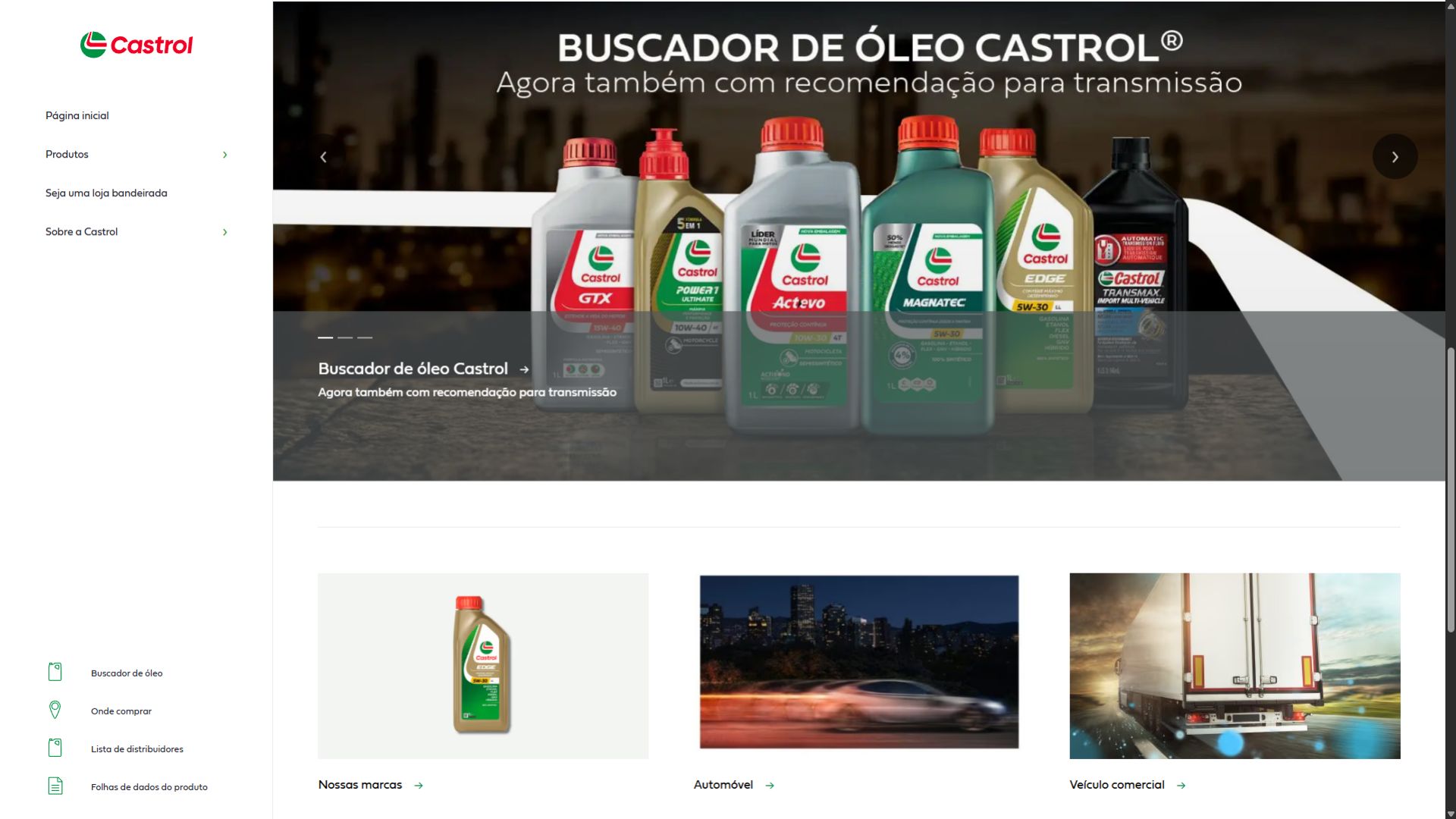 Linha de óleos lubrificantes Castrol com destaque para buscador de óleo automotivo e transmissão.