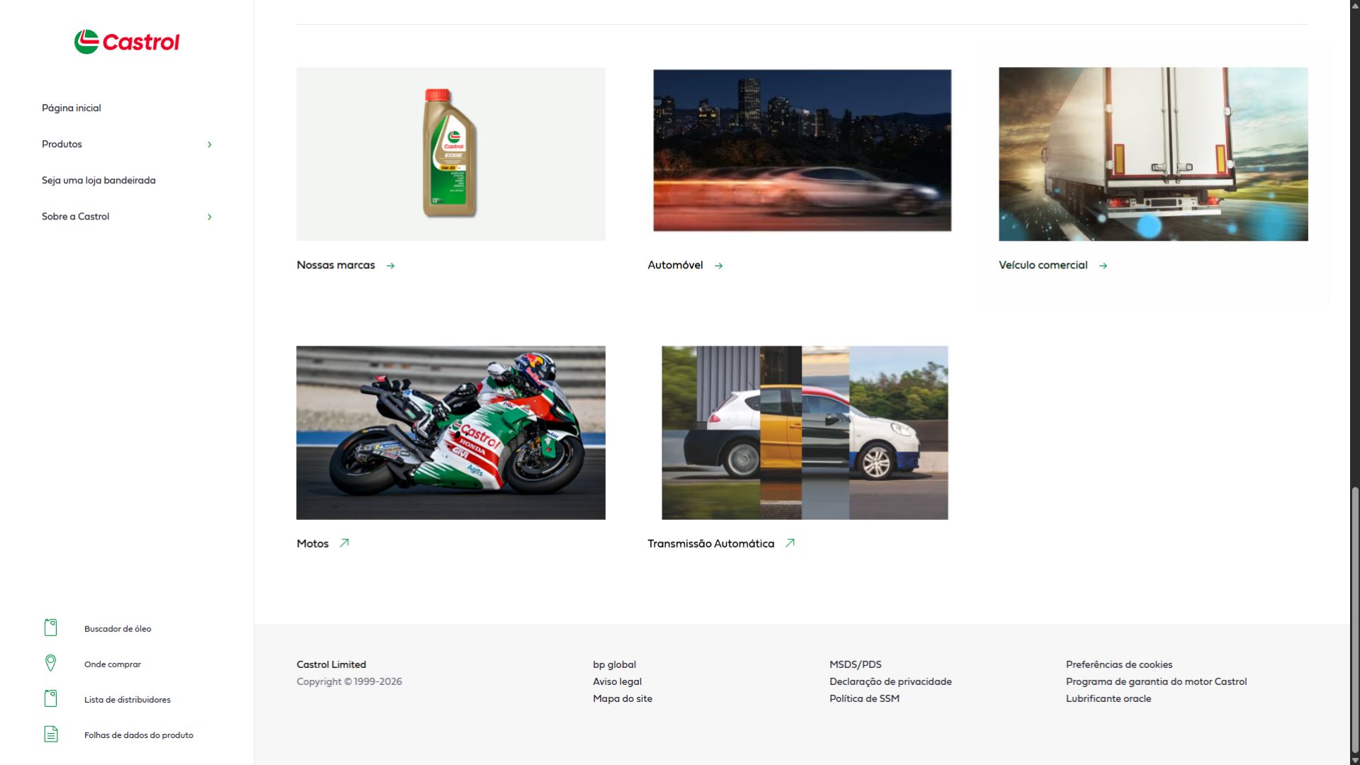 Categorias de produtos Castrol para automóveis, veículos comerciais e motocicletas.