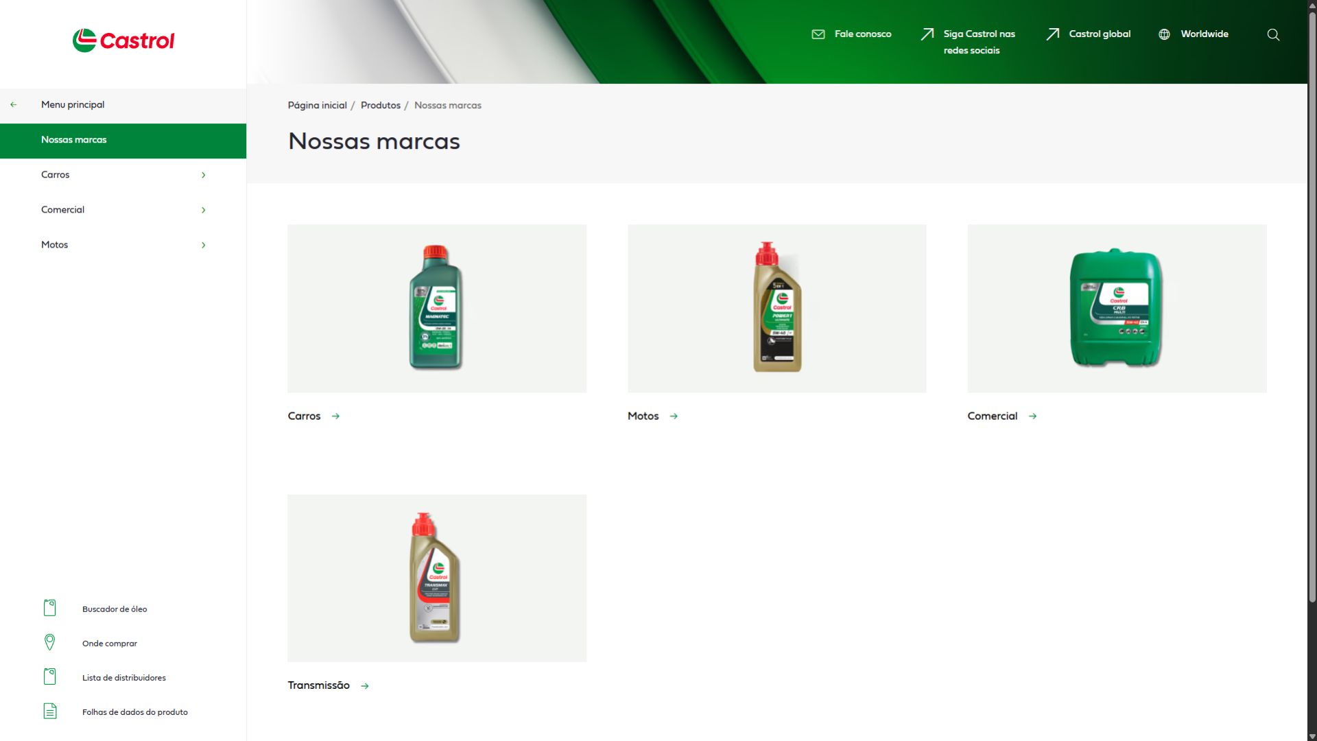 Página de marcas Castrol com categorias de óleos para carros, motos, transmissão e uso comercial.