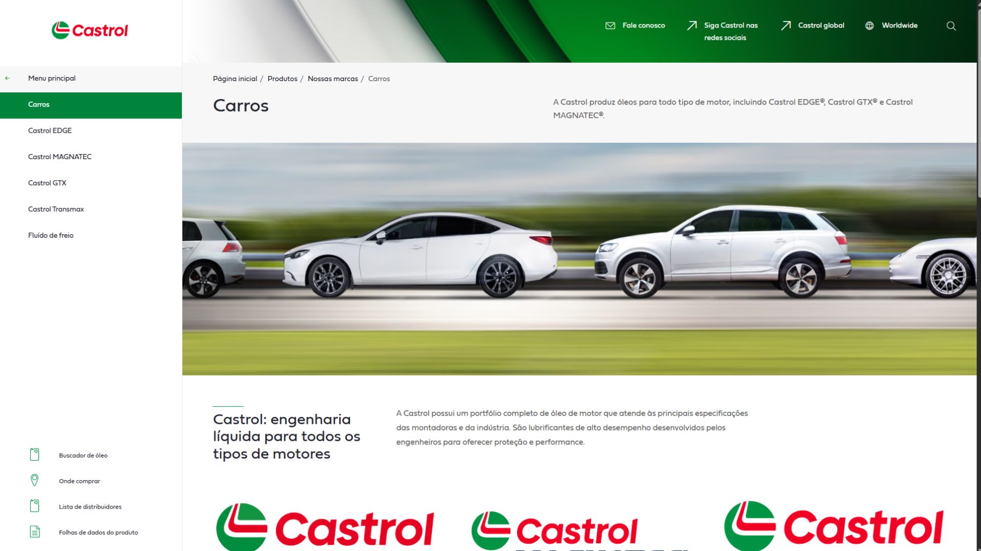 Página de lubrificantes Castrol para carros com modelos de veículos e informações técnicas de óleo de motor.