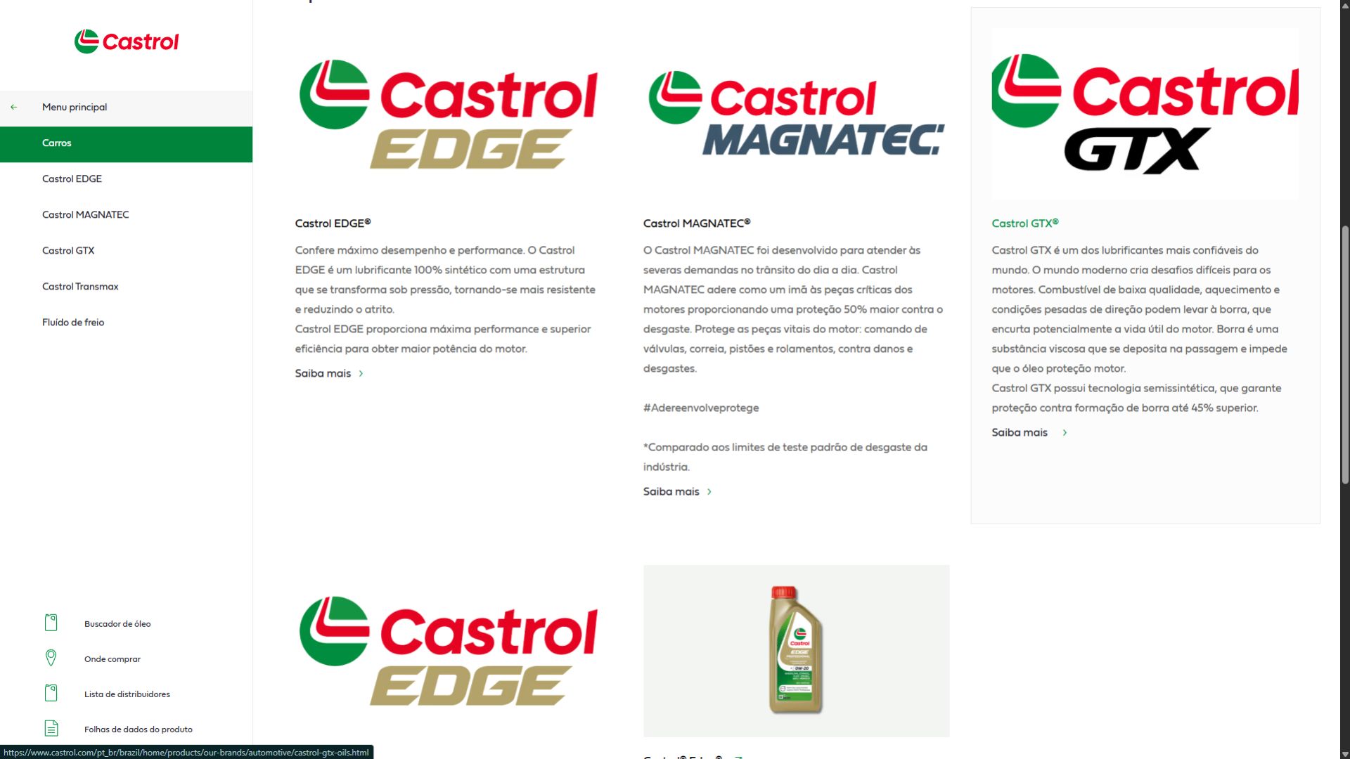 Linhas de óleo de motor Castrol EDGE, MAGNATEC e GTX com descrição de desempenho e proteção do motor.