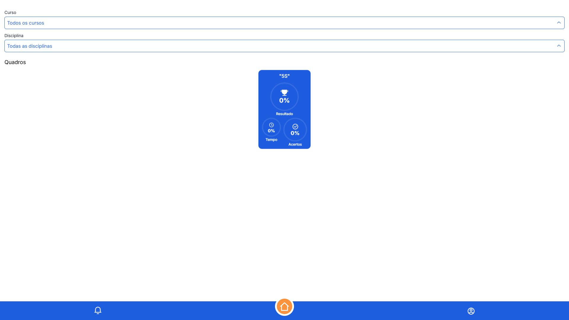 Interface de dashboard educacional com filtros de curso e disciplina e indicador de desempenho do método 5S.