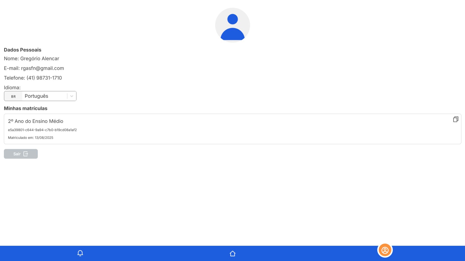 Tela de perfil do usuário com dados pessoais, idioma e informações de matrícula em plataforma educacional.