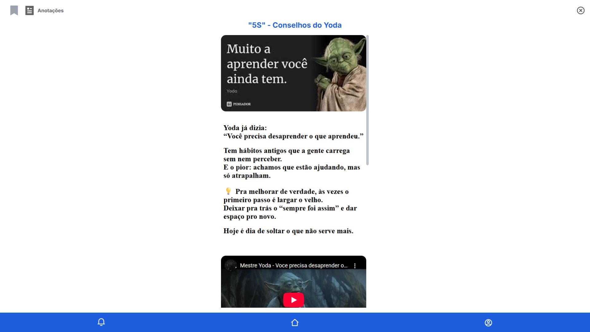 Tela de conteúdo educacional do método 5S com mensagem motivacional e material didático ilustrado.