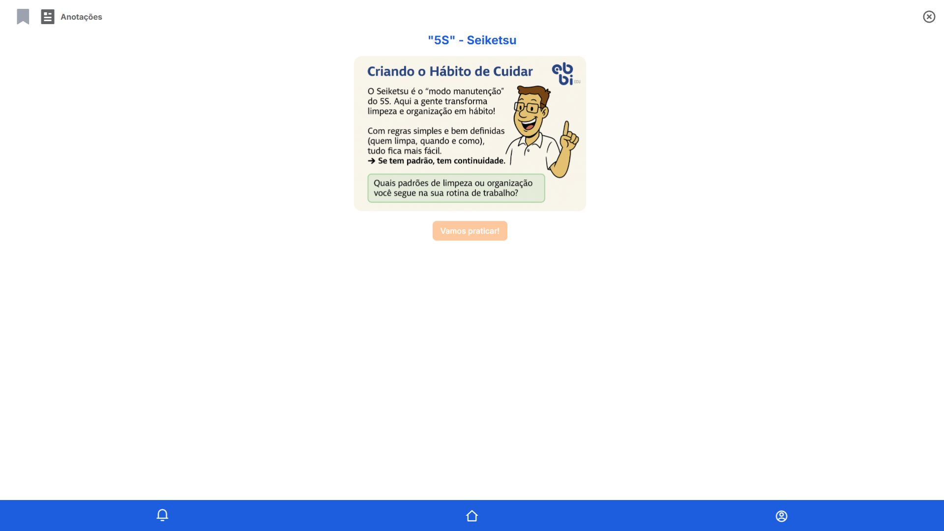 Tela de conteúdo do método 5S sobre Seiketsu, com explicação sobre padronização e hábitos de organização.