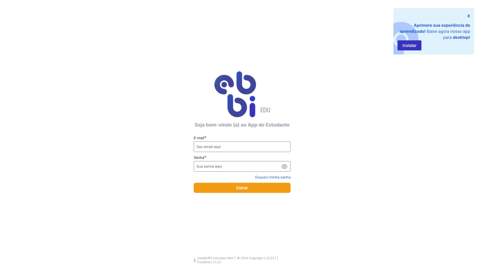 Tela de login do aplicativo educacional com campos de e-mail e senha para acesso do estudante.