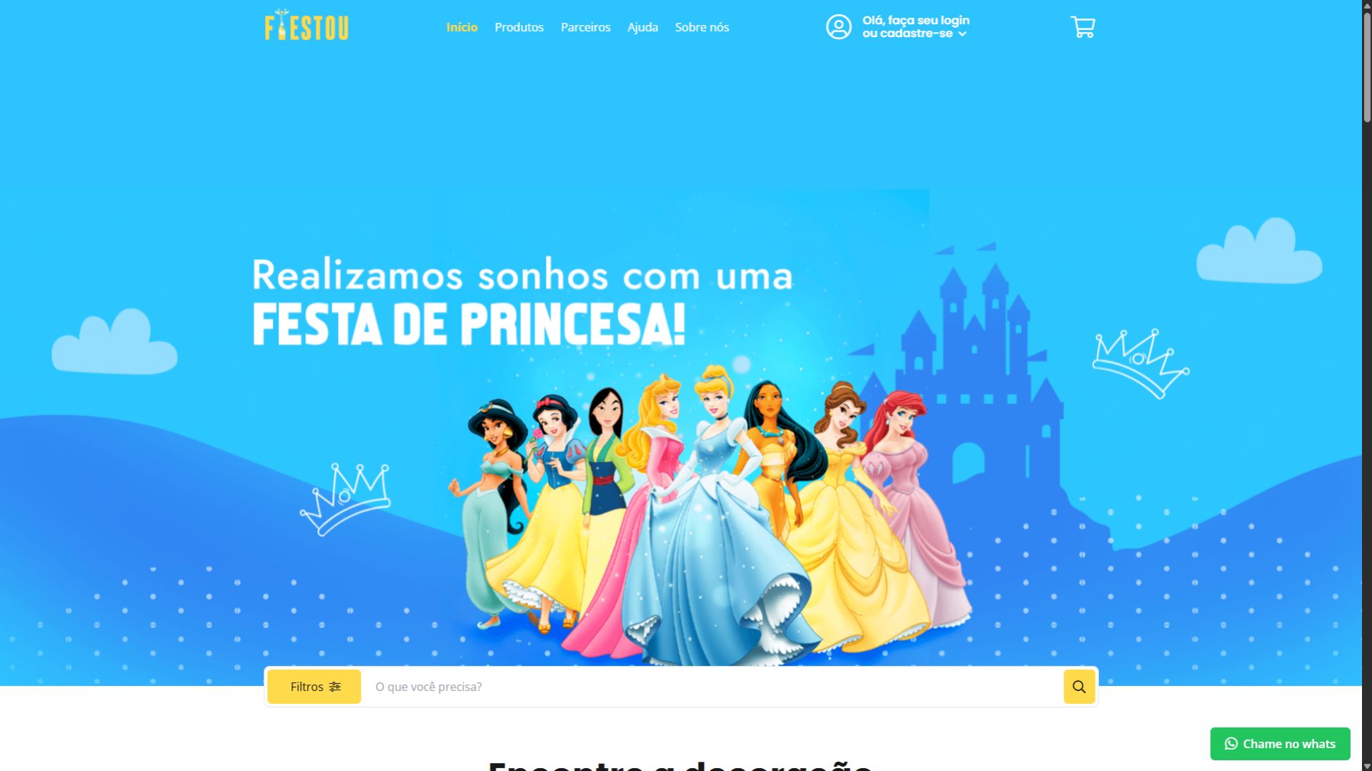 Banner do site Festou com ilustração de princesas em frente a um castelo e texto “Realizamos sonhos com uma festa de princesa.
