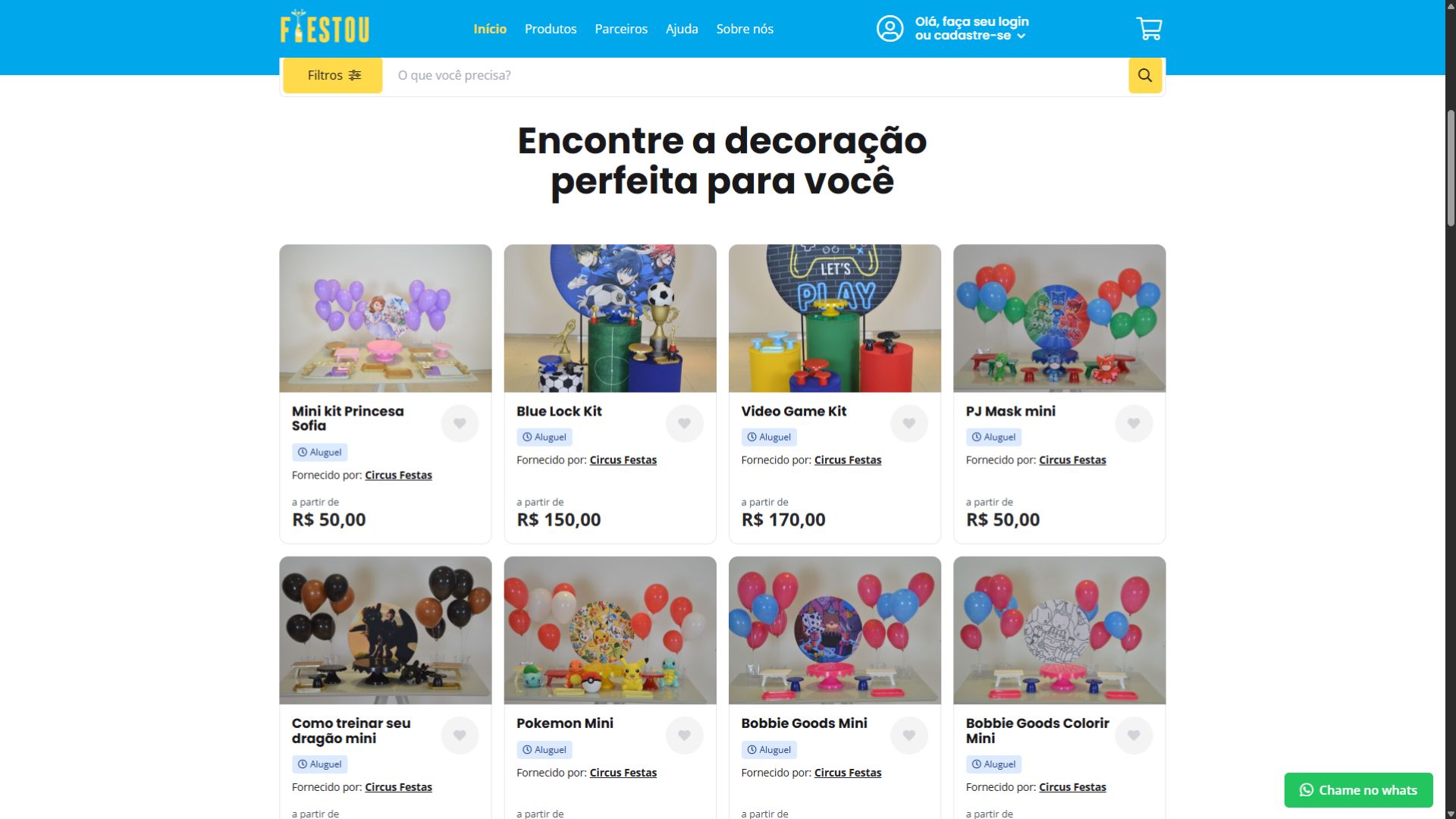 Grade de produtos do site Festou exibindo kits de decoração infantil para festas temáticas, com imagens, nomes e preços.
