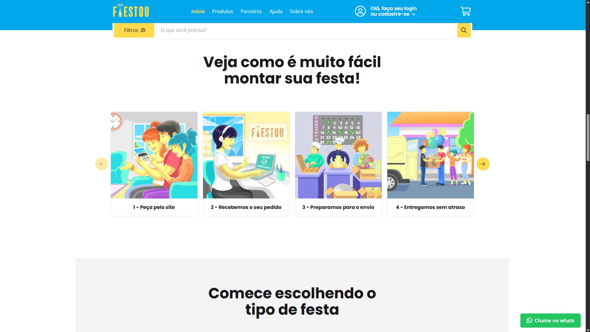 Seção explicativa do site Festou mostrando em quatro etapas como montar uma festa, desde o pedido no site até a entrega.