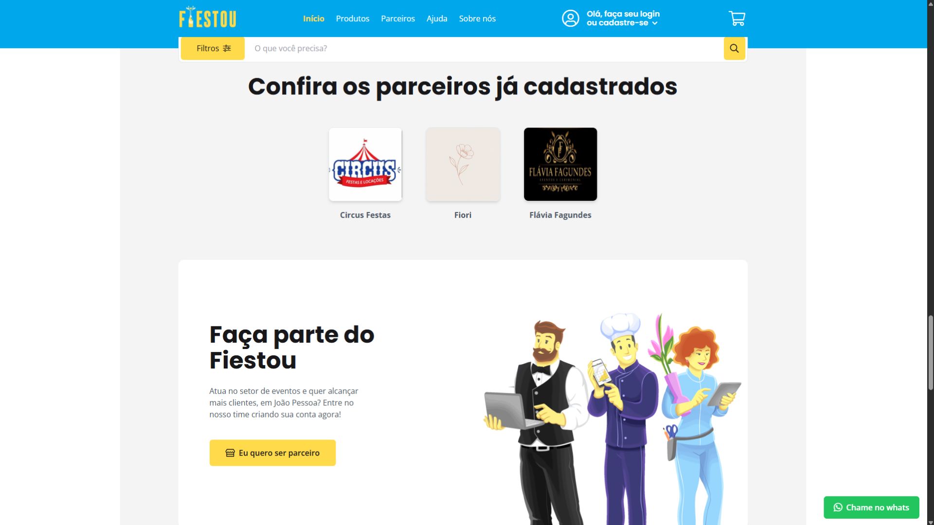 Seção do site Festou exibindo parceiros cadastrados e convite para fornecedores do setor de eventos se tornarem parceiros da plataforma.