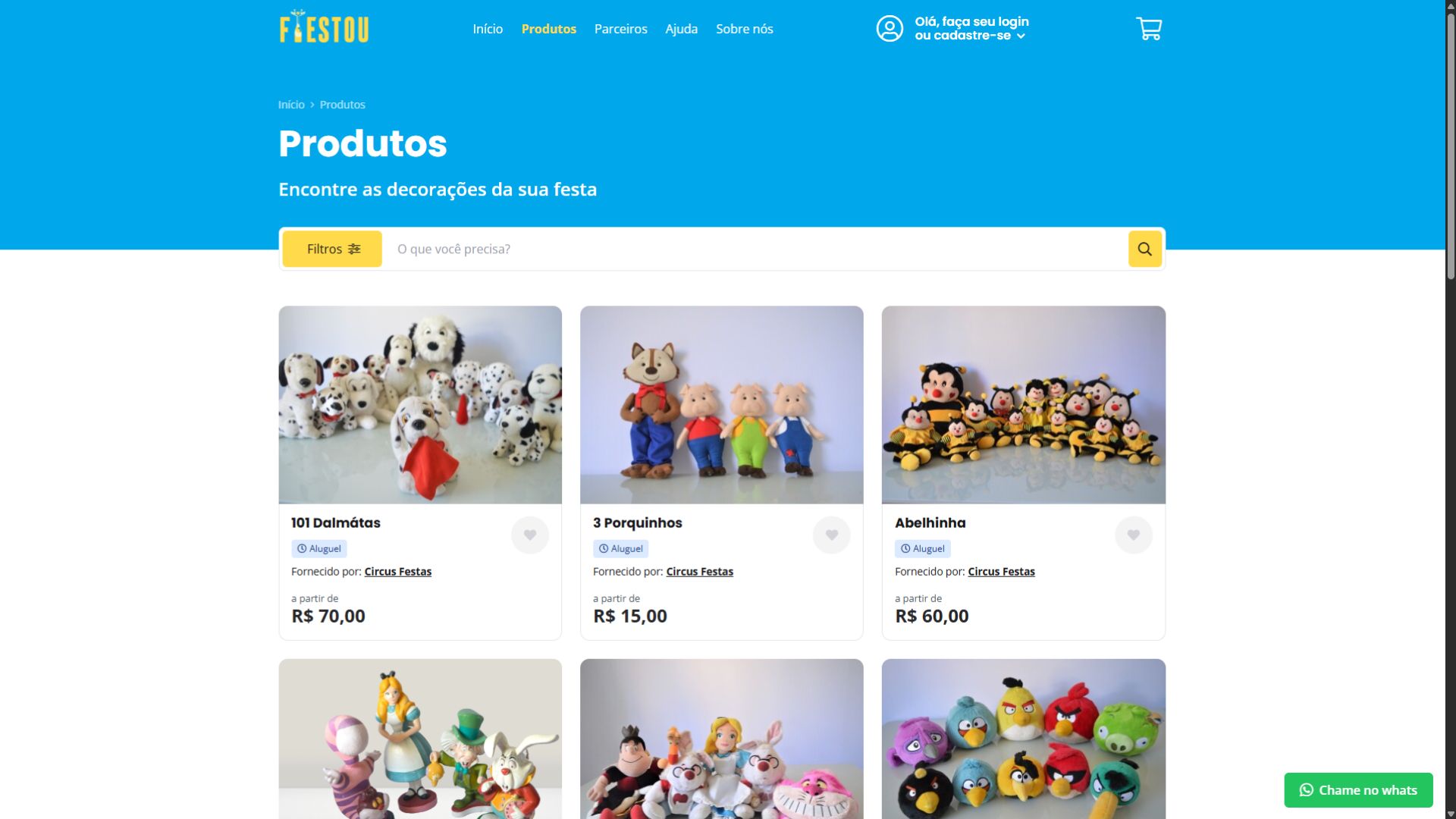 Página de produtos do site Festou com decorações infantis temáticas, exibindo imagens, nomes, fornecedores e valores de aluguel.
