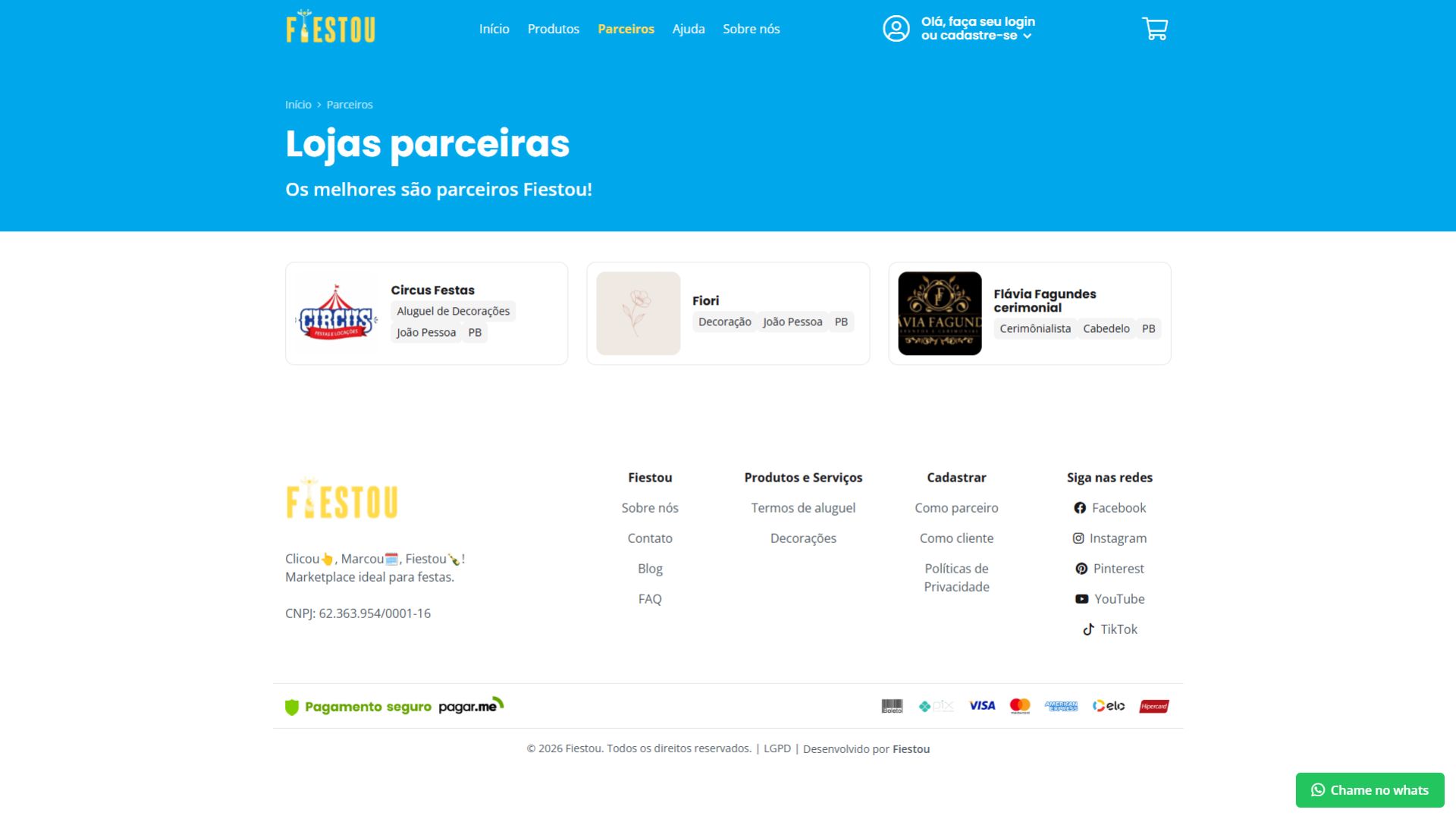 Página de dúvidas do site Festou com lista de perguntas frequentes sobre funcionamento, produtos, entrega, localização e custos.