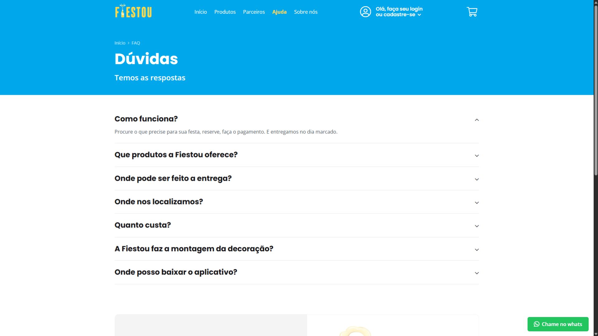 Página “Sobre nós” do site Festou com descrição da plataforma e etapas do processo de contratação de serviços para festas.