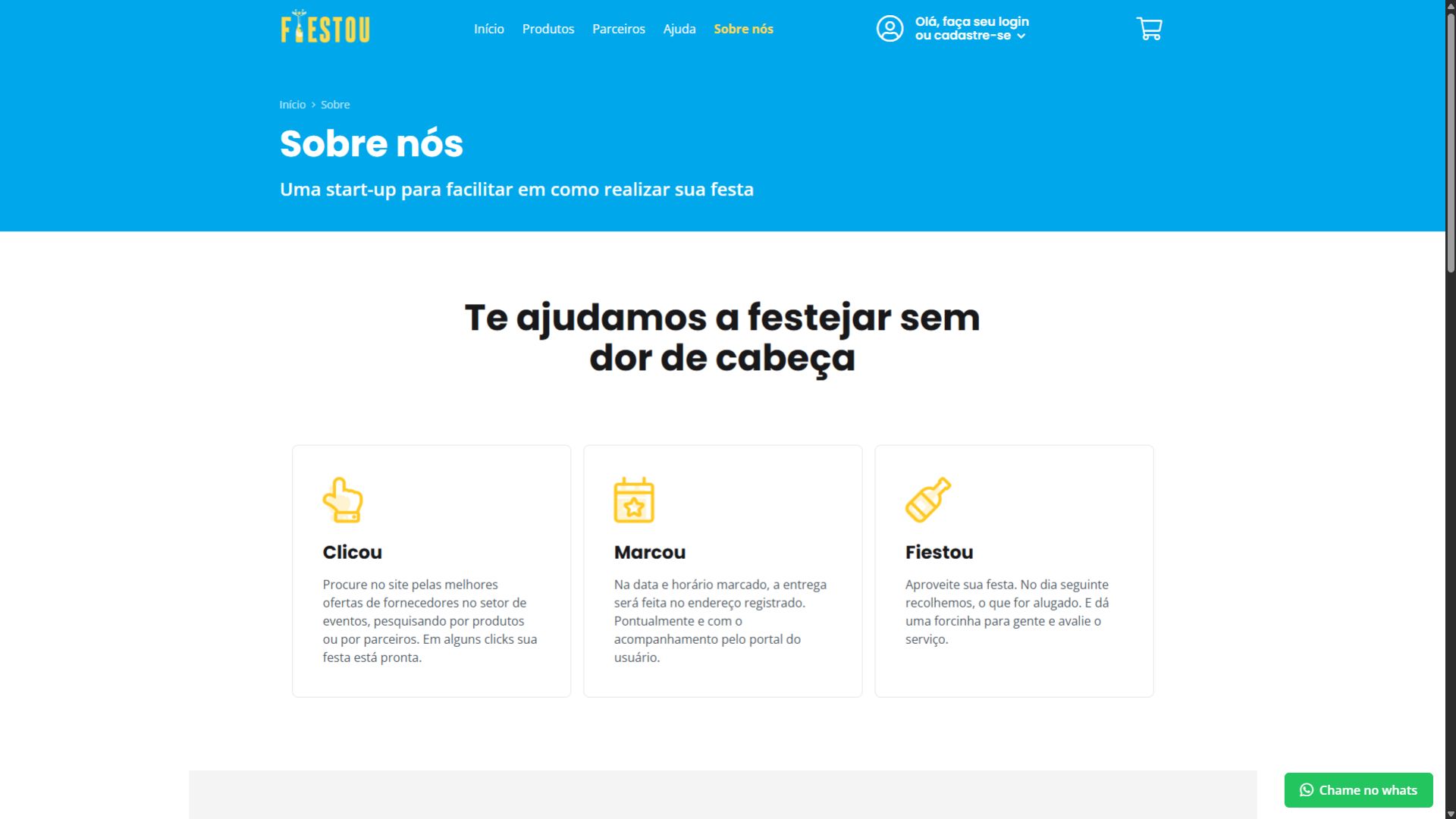 Tela de login do site Festou com formulário de e-mail e senha e opções de acesso com Google e Facebook.