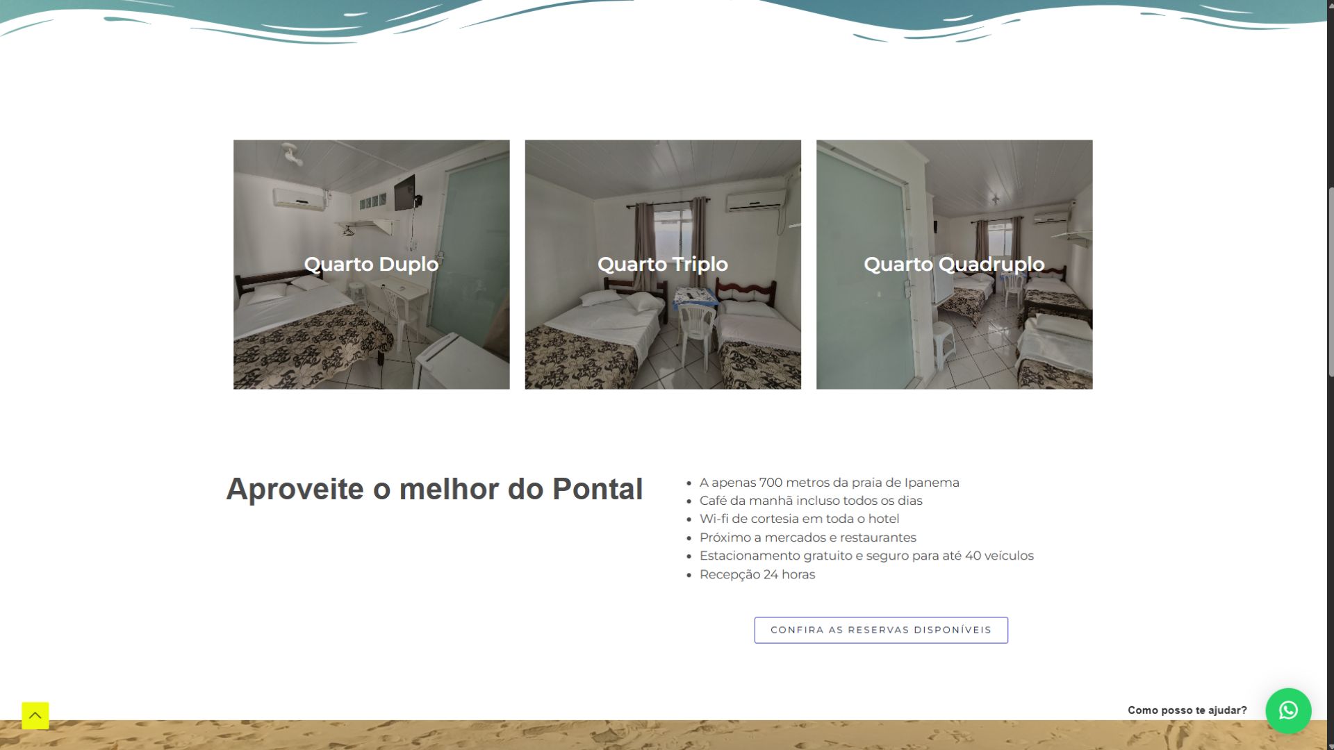 Tipos de quartos do Hotel Morada do Sol Ipanema, incluindo quarto duplo, triplo e quádruplo.