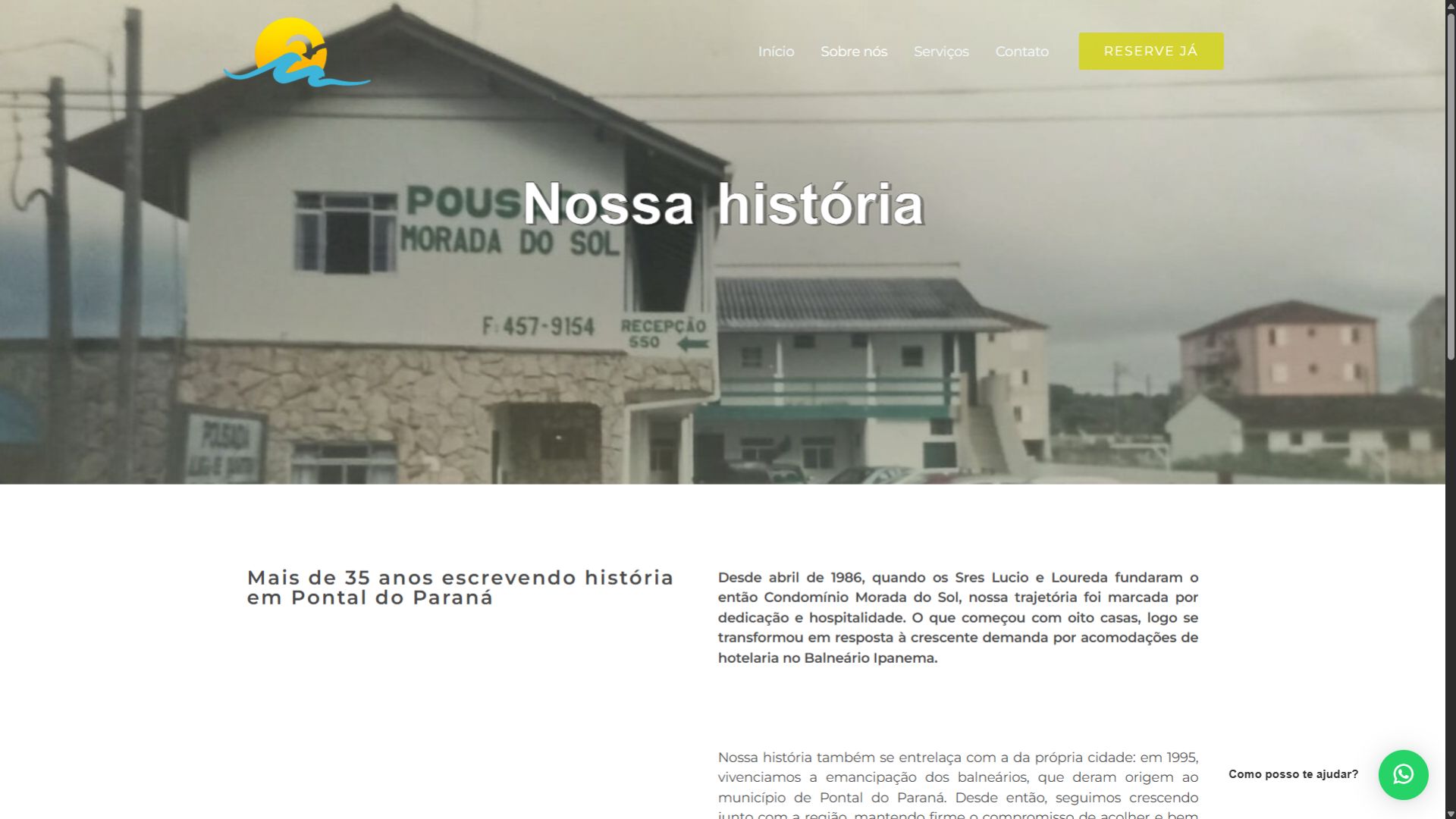 Página sobre a história do Hotel Morada do Sol Ipanema com imagem antiga da pousada.