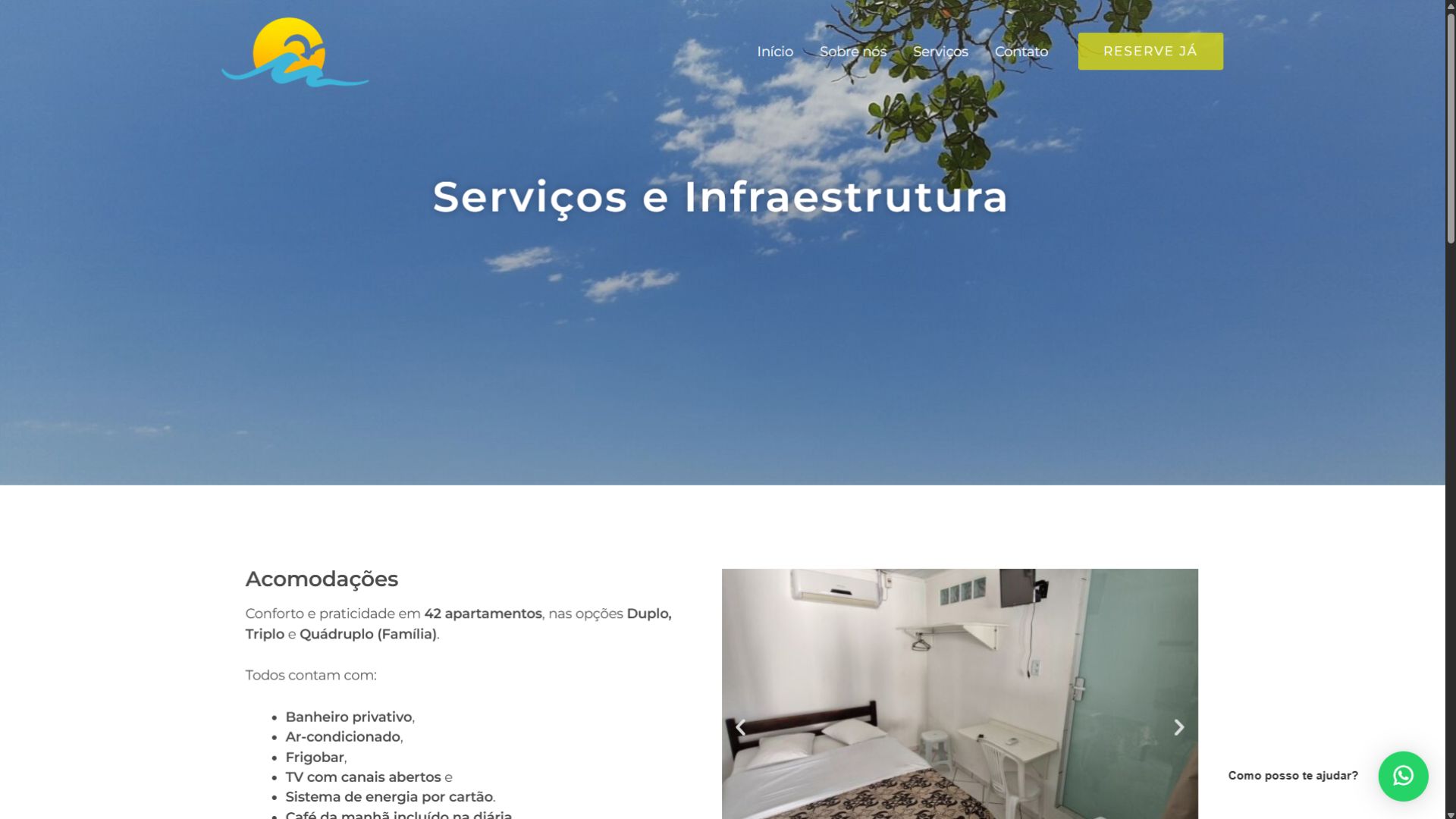 Página de serviços e infraestrutura do Hotel Morada do Sol Ipanema com informações das acomodações.