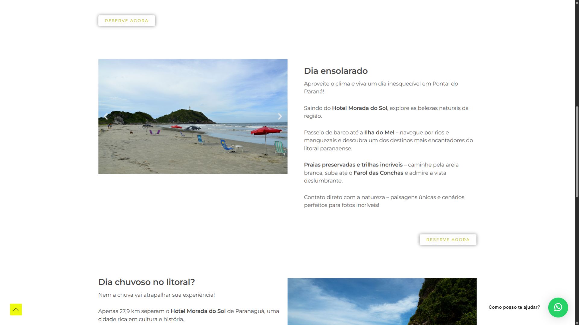 Página de experiências turísticas em Pontal do Paraná com imagens da praia e atrações locais.