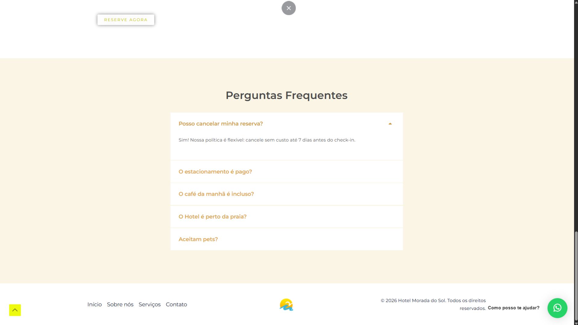 Seção de perguntas frequentes do Hotel Morada do Sol Ipanema sobre reservas e serviços.