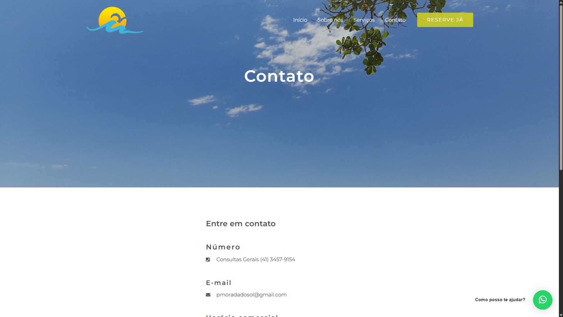Página de contato do Hotel Morada do Sol Ipanema com telefone e e-mail.