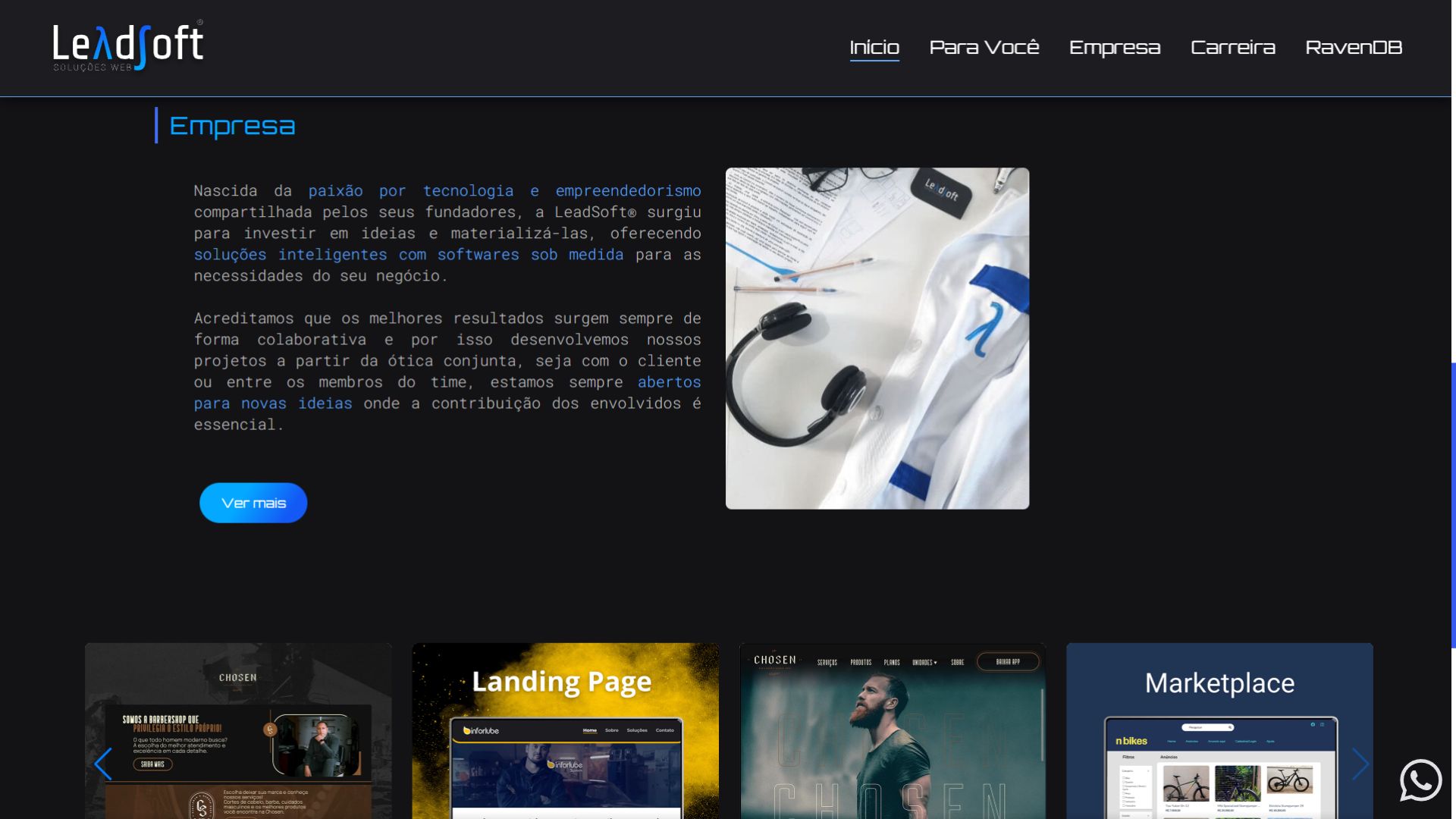 Seção institucional da LeadSoft com descrição da empresa e imagem de ambiente de trabalho.