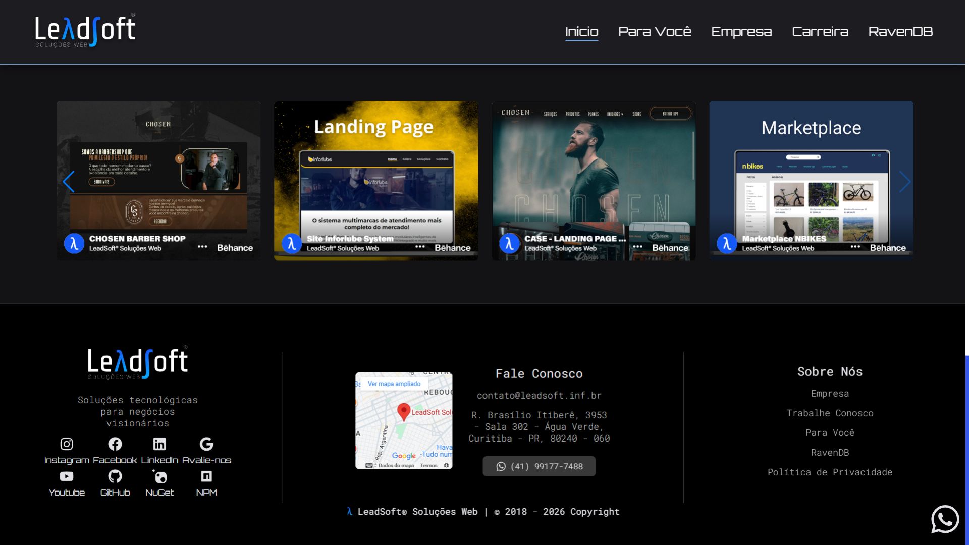 Portfólio de projetos da LeadSoft com exemplos de landing page, marketplace e sites desenvolvidos.