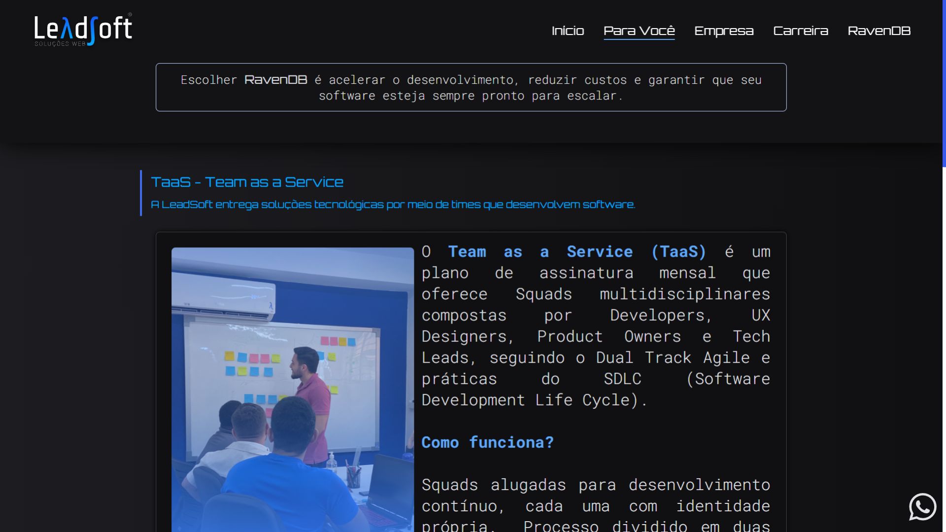Página de serviço Team as a Service da LeadSoft com explicação sobre squads de desenvolvimento.