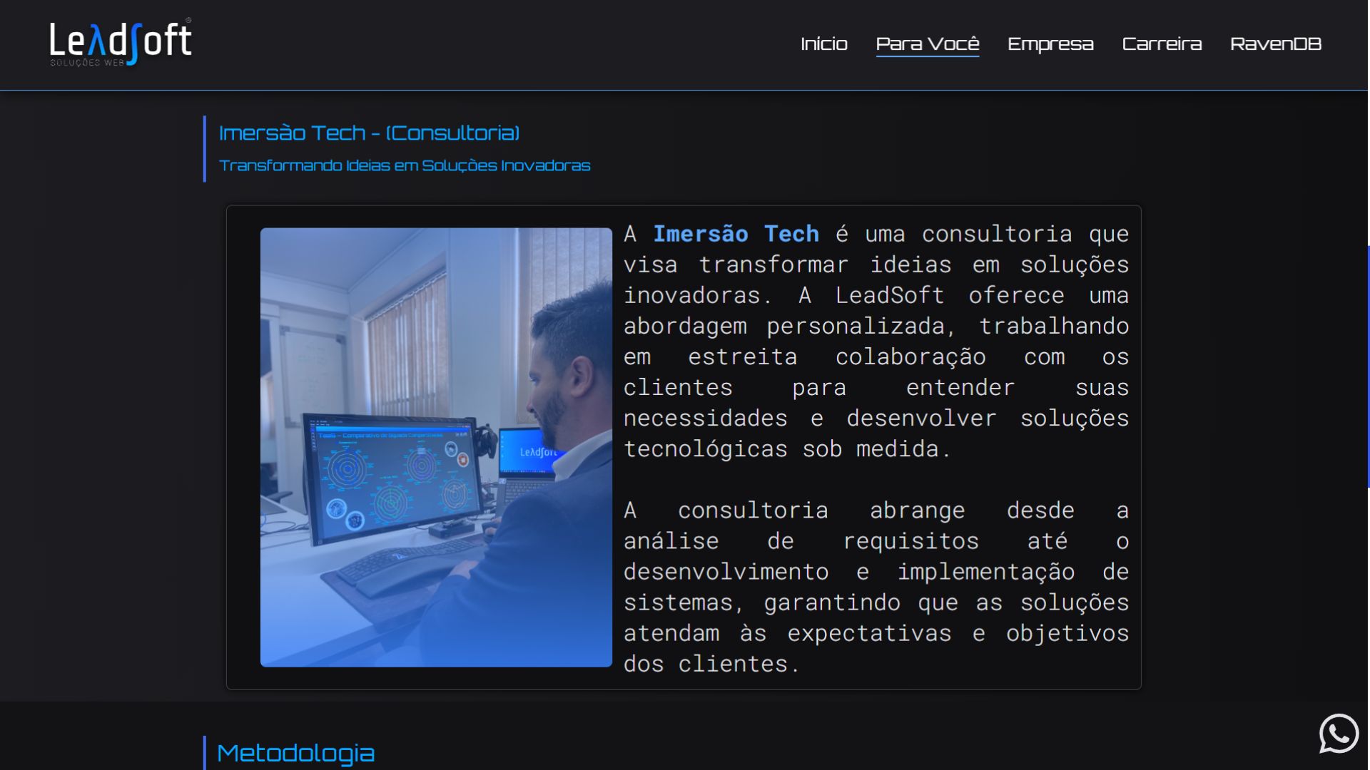 Página de consultoria Imersão Tech da LeadSoft com descrição de soluções tecnológicas personalizadas.
