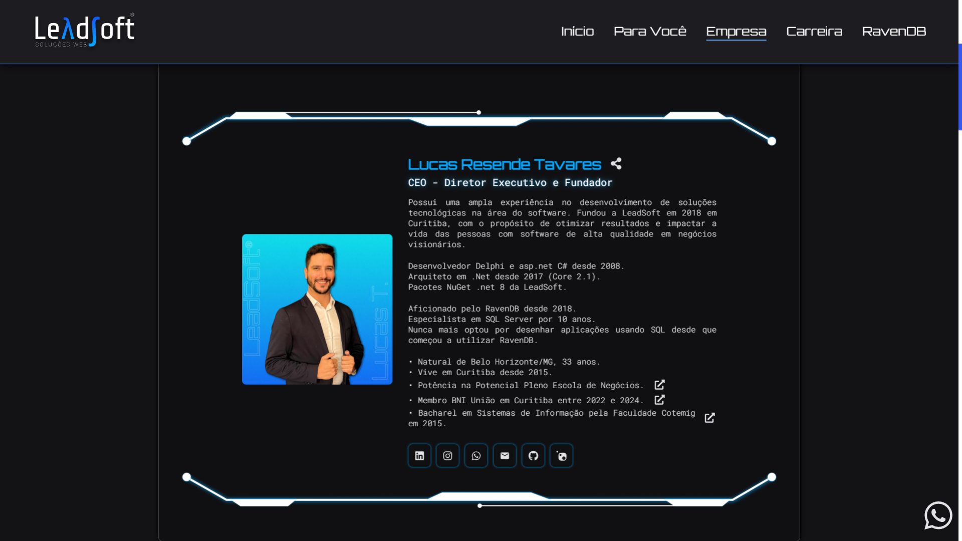 Perfil do fundador da LeadSoft com foto e informações profissionais.